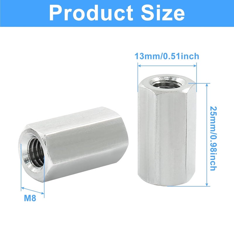 Moicstiy 6 Pcs M8 X 1.25-Pitch 25 mm Length Hex Coupling Nut, 13 mm Width Stainless Steel Rod Coupling Nuts (Metric) - Image 2